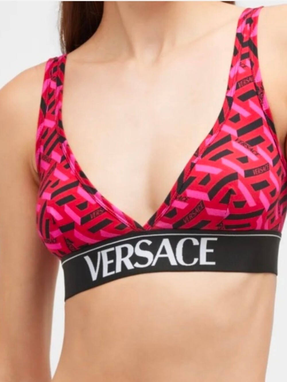 Versace Greca V-Neck Sports Bralette Red/Pink & Black